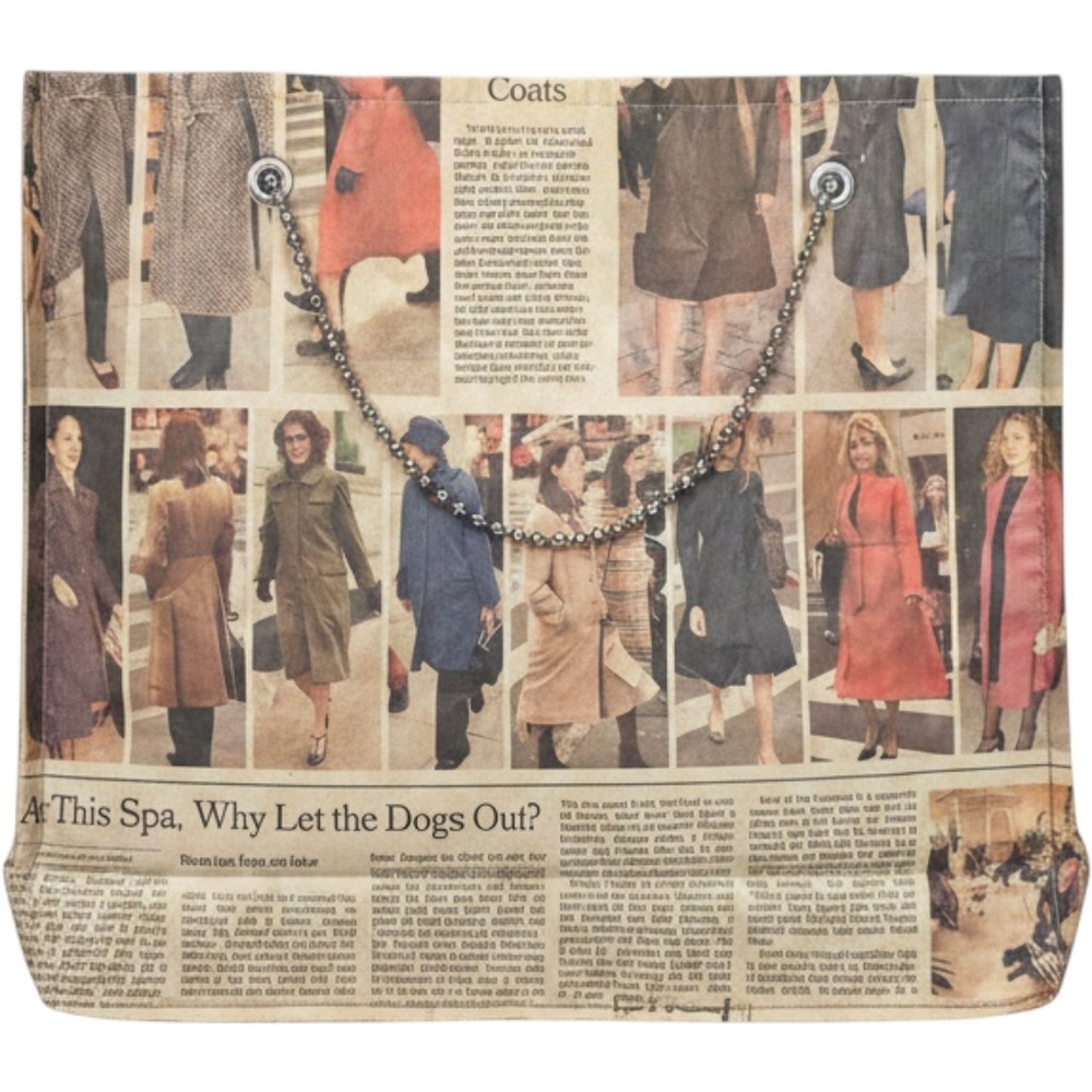 Vintage Y2K Newspaper Print Coated Tote Bag Silver Ball Chain Handle Shopper